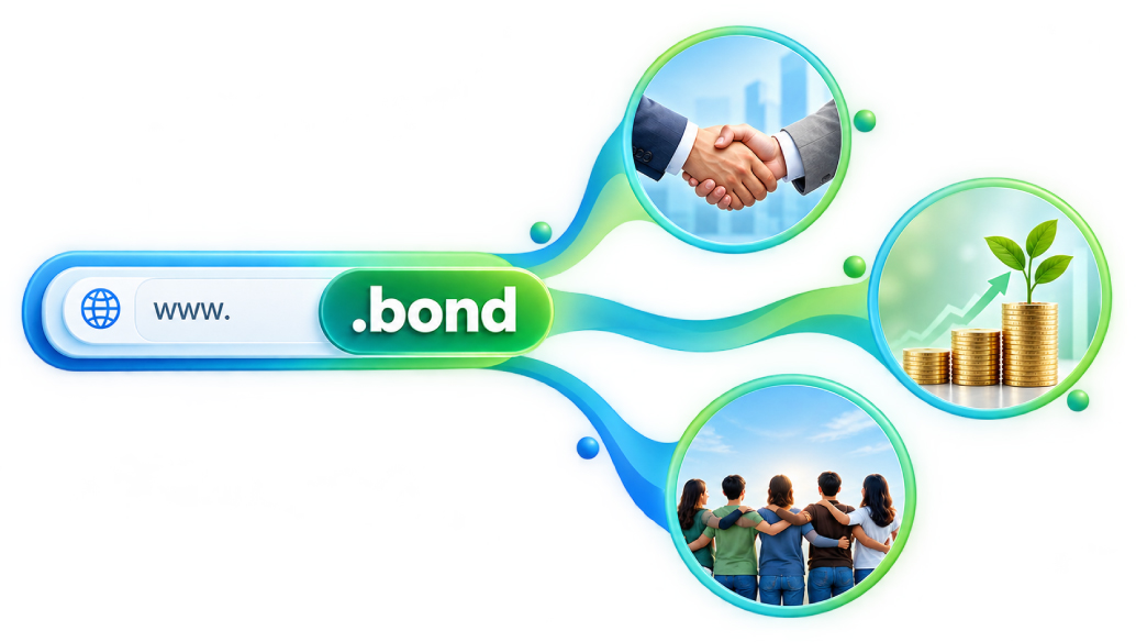 A www.bond address connecting to a handshake, growing savings and a group of friends