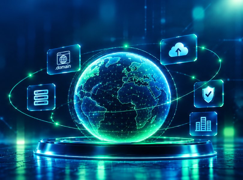 A glowing globe surrounded by domain, cloud and security icons